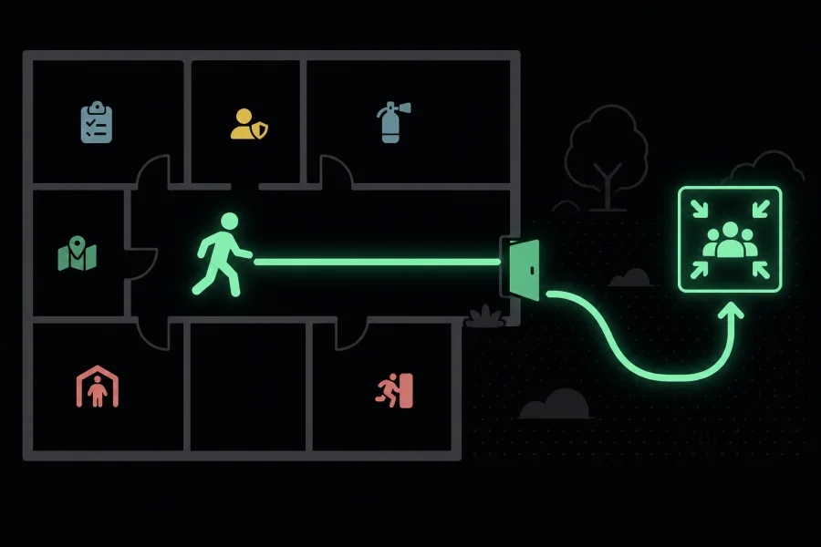 Illustrated evacuation route leading from a floor plan to an outdoor assembly point