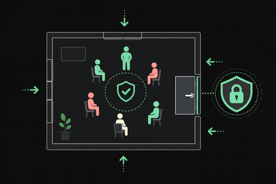 Illustrated secured room with people protected behind a locked door