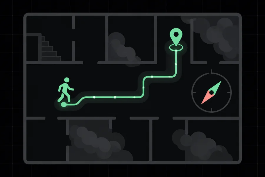 Illustrated route through a smoke-filled floor plan guided by a compass