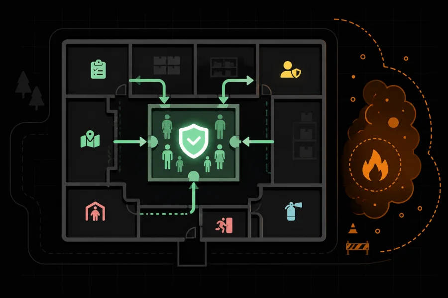 Illustrated workplace routes leading to a protected interior shelter